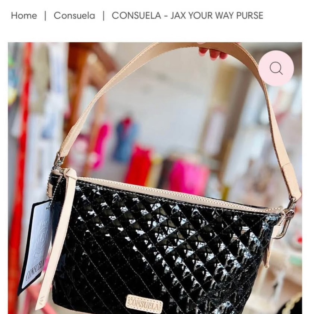 Consuela Black Patent Quilted Shoulder Bag with Cream Strap